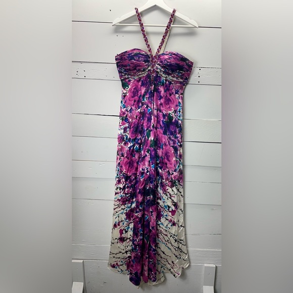 La Femme 100% Silk Floral Jewel Strap Gown Pink Size 4 - Picture 2 of 11